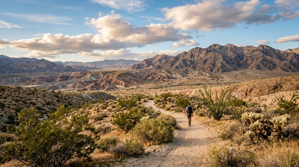 Sunny, mild fall and winter weather over the Borrego Springs desert landscape under clear California skies.