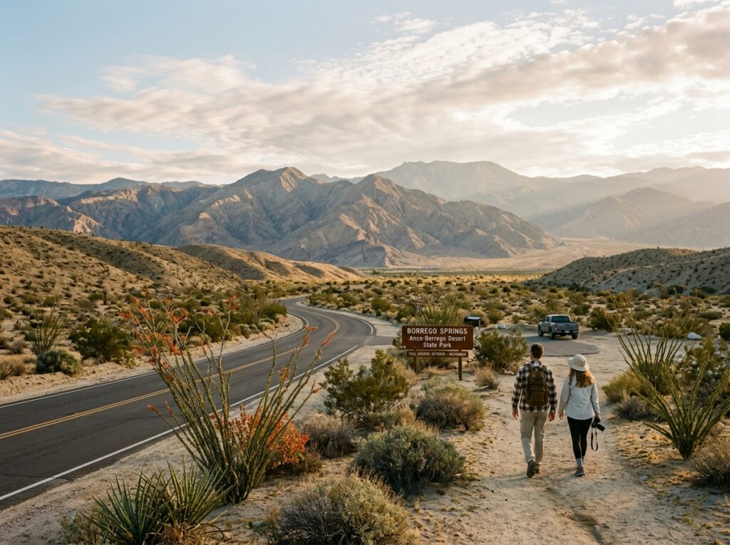 Hikers exploring sunny desert trails in Borrego Springs California during the start of the autumn fall travel season.