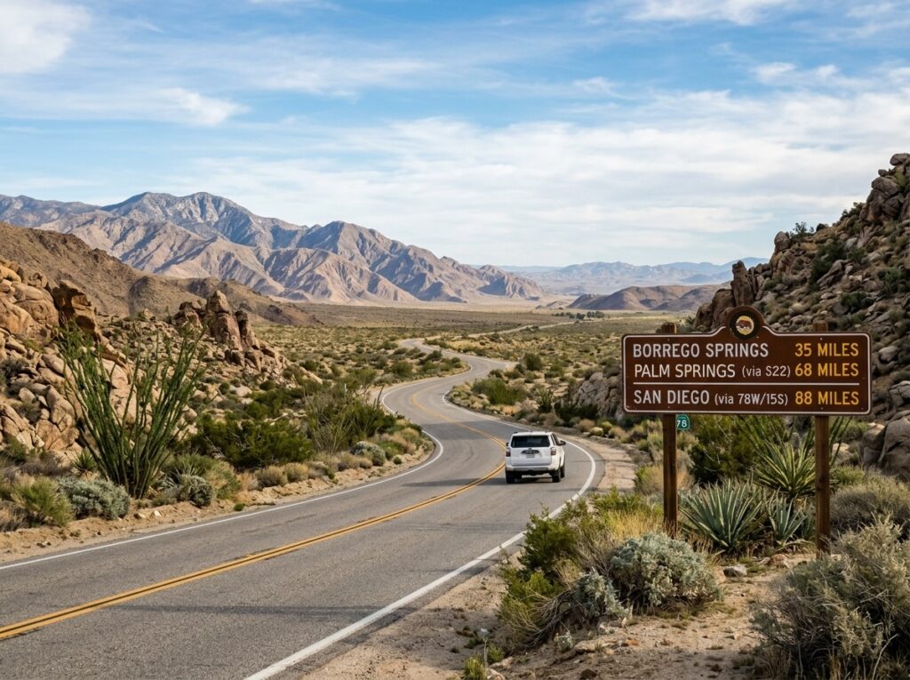 Map showing driving route and distance to Borrego Springs from San Diego and Palm Springs in Southern California.