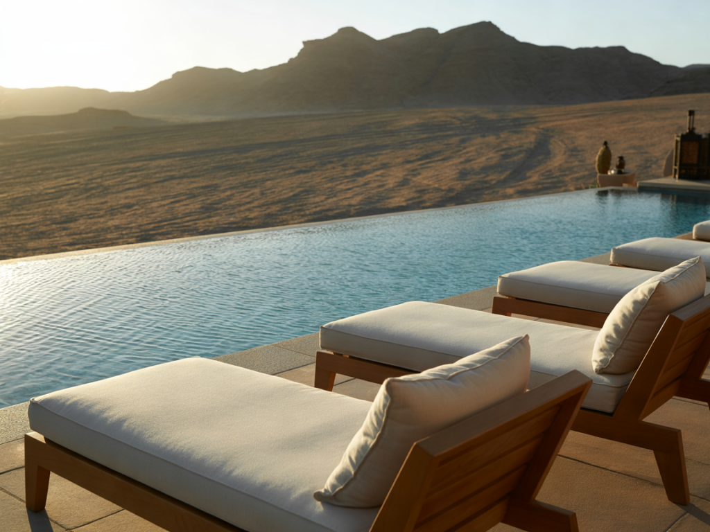 Luxury pool patio at Divine Desert Destination resort in Corrego Springs with scenic desert mountain views.