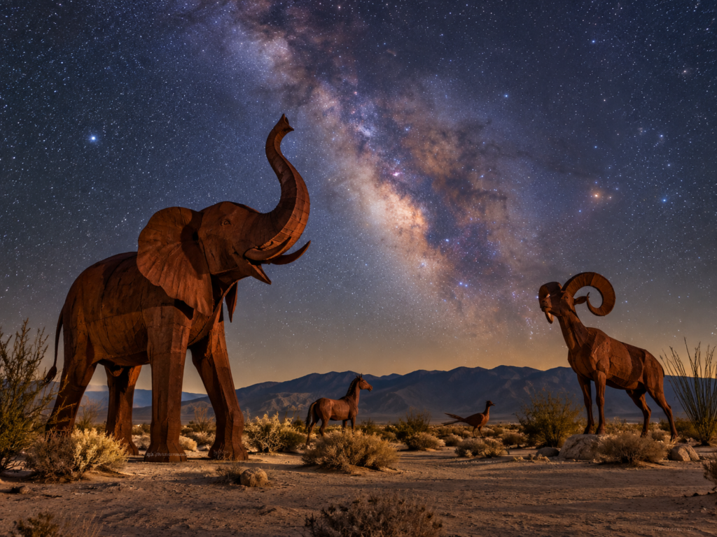 Galleta Meadows metal art sculptures under starry night sky for Borrego Springs stargazing in Anza-Borrego.