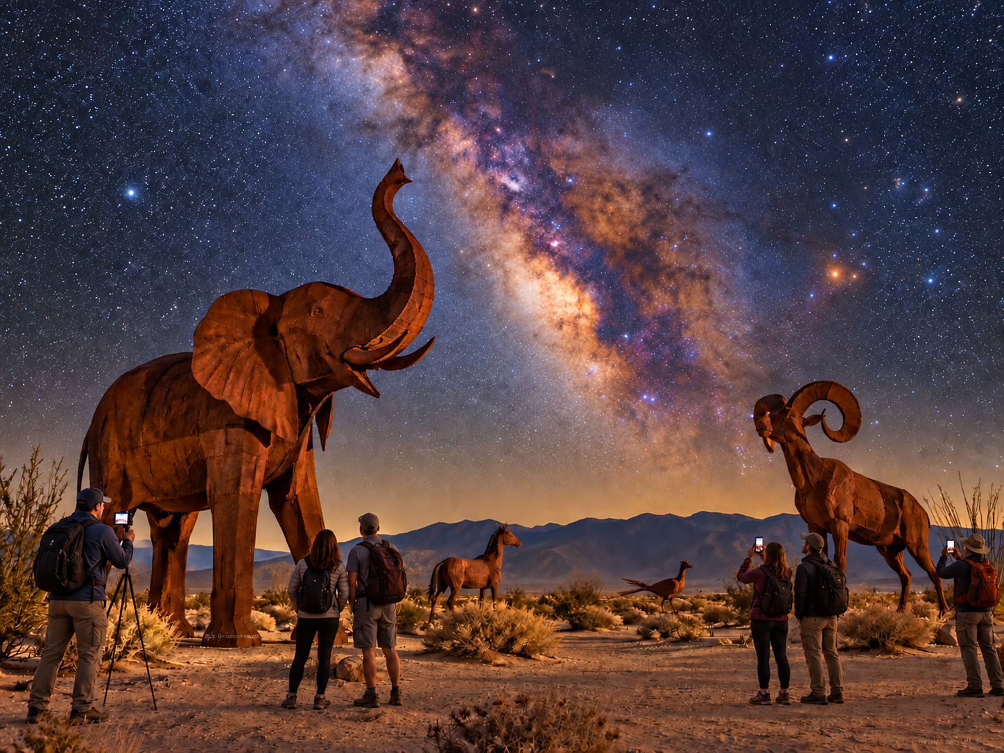 Tourists view Galleta Meadows metal sculptures on a Borrego Springs desert art tour under Anza-Borrego dark skies.